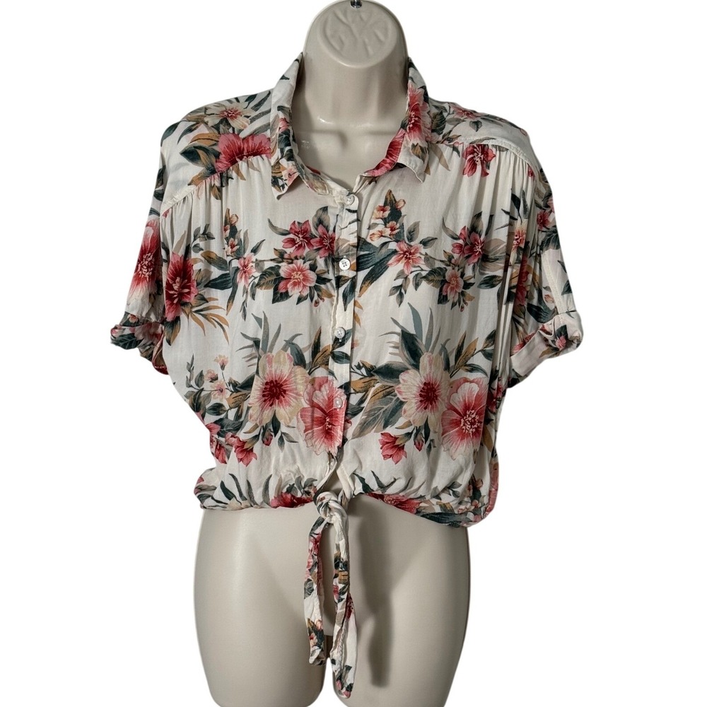 American Eagle‎ Tropical Floral Tie Front Button Down Short Sleeve Shirt